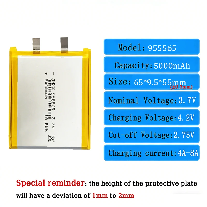 3.7V 5000mAh 955565 Lithium Polymer Battery Jst PH 2.0mm 2 Pin Plug Power Bank Smart Home Air Conditioner Set Charging