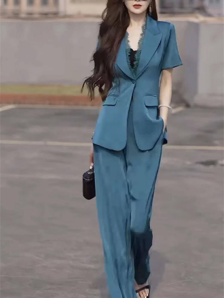 High end luz luxo moda temperamento terno conjunto para o verão 2025 novo laço retalhos backcoat calças de perna larga