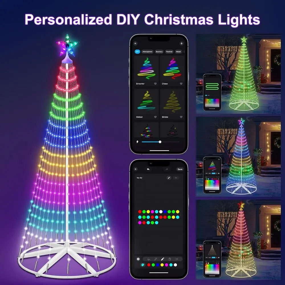 شجرة مخروطية لعيد الميلاد في الهواء الطلق مقاومة للماء مع 265 مصباح LED، أضواء خرافية ذكية لتأثير وميض مزامنة الموسيقى #2