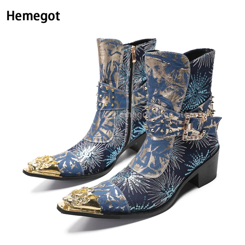 Blue Graffiti Sequin Design Brogue Boots Iron Pointed Toe Mid-Calf Design Fashionable Side Zipper Leather Boots Party Shoes