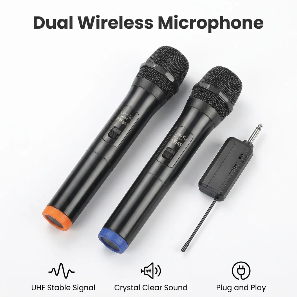 Professional Dual Wireless Microphone System 2 Mics UHF 30M Range Clear Audio for Event Wedding Speech Stage Church