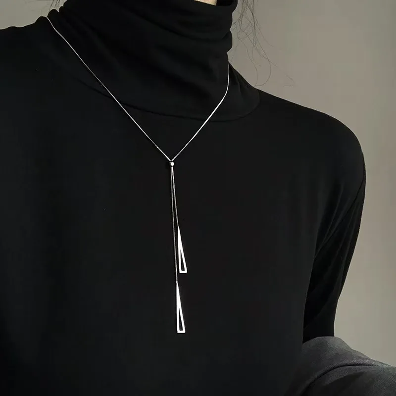 Real 925 Sterling Silver Sweater Chain Triangle Pendant Choker Necklace For Women Fine Jewelry Light Luxury Advanced Accessories