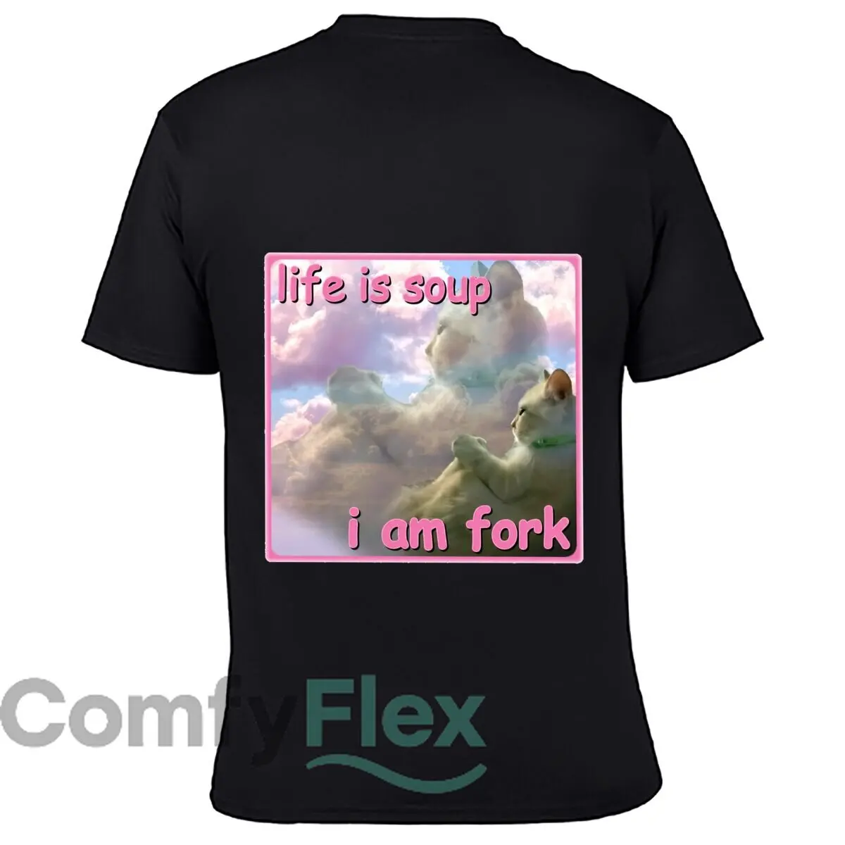 Life Is Soup I Am Fork Funny Cat Cloud Meme Loose Vintage Distressed Washed Casual Tee