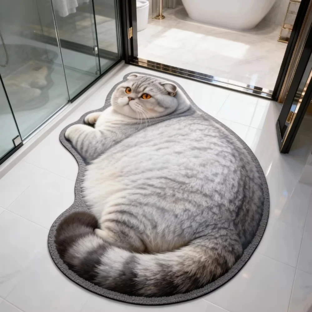 VIKAMA Cute 3D Visual Chubby Cat Irregular Rug, Non-slip Water-absorbent Doormat for Bedroom & Bathroom, Home Decor Mat