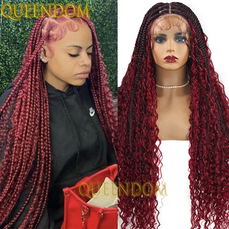 Full Lace Bohemian Synthetic Braids Wig Glueless Box Braided Ombre Burgundy Wig 32 Inch Cornrow Plaits Braid Wig With Curly Ends