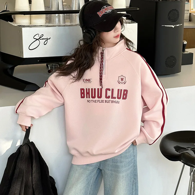 

Girls' Fleece-lined Hoodie, Half-Zip Polo Shirt, Fall/Winter 2025, Suitable for Big Kids as Winter Innerwear