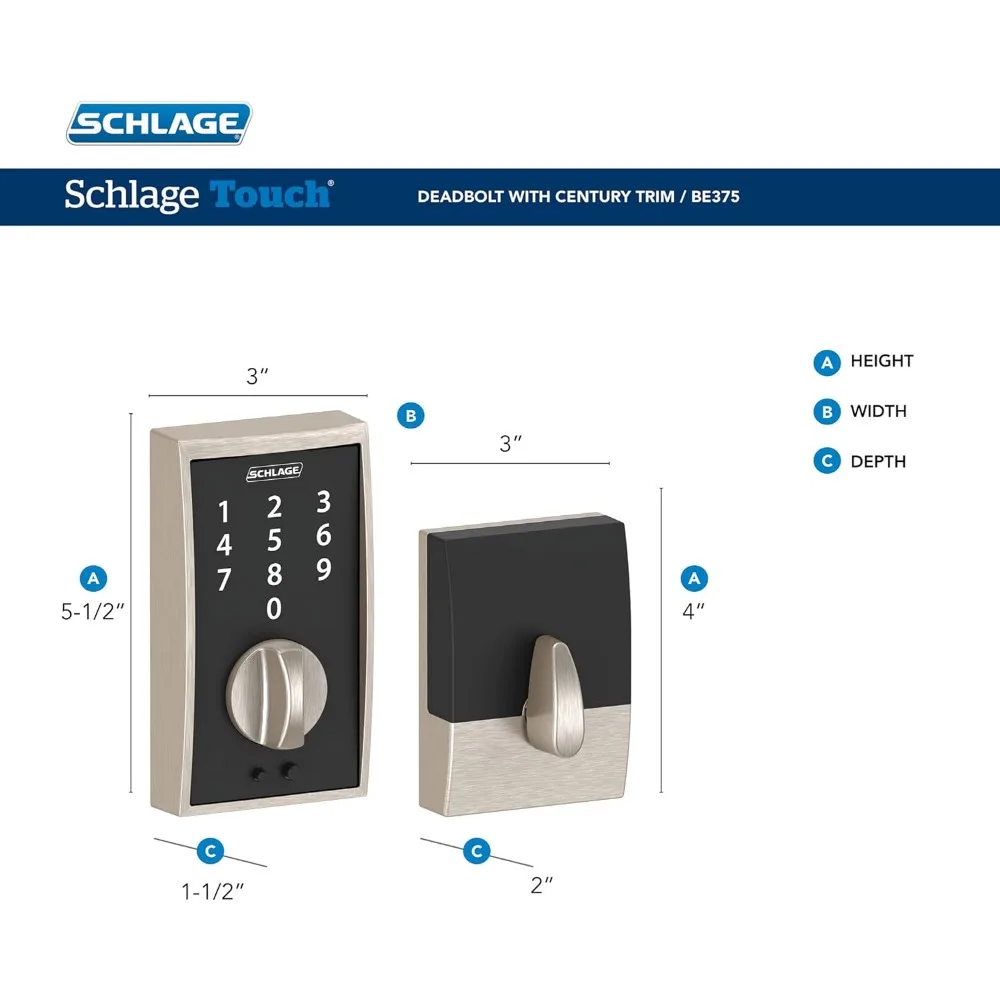 Schlage BE375 CEN 716 Touch Century Deadbolt, Electronic Keyless Entry Lock, Aged Bronze