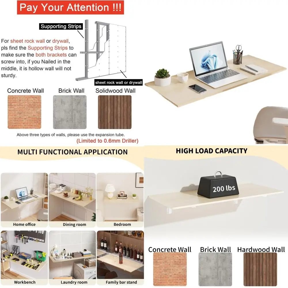 

Compact Wall-Mounted Folding Desk Table, Natural Wood, Space-Saving for Kitchen & Laundry, 47x20.5