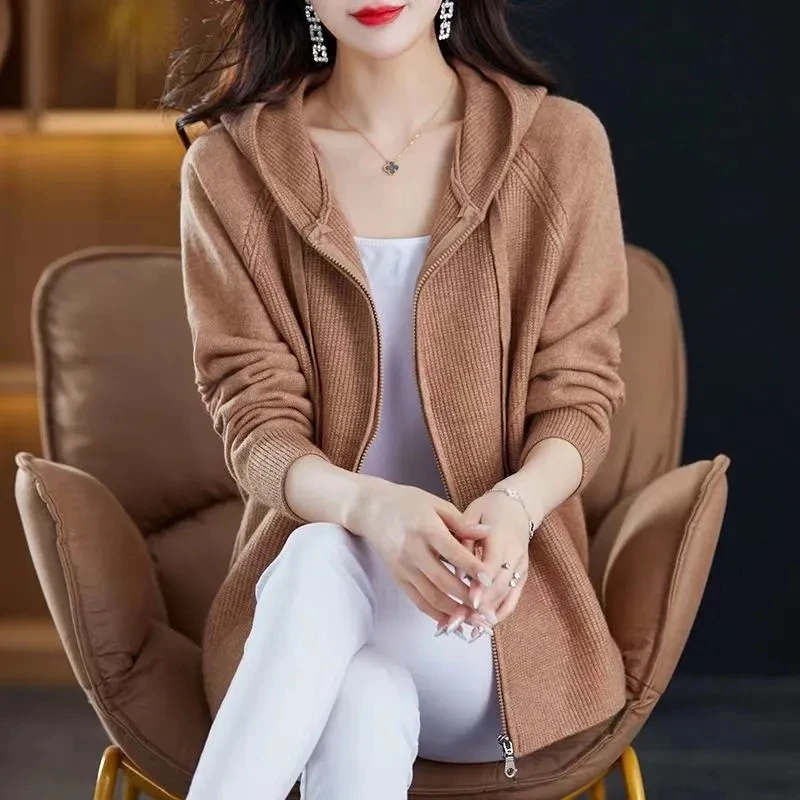 Autumn Winter 2024New Hooded Zipper Knitted Cardigan Sweater Jacket Women Loose High-Grade Solid Color Mother's Coat Female Tide