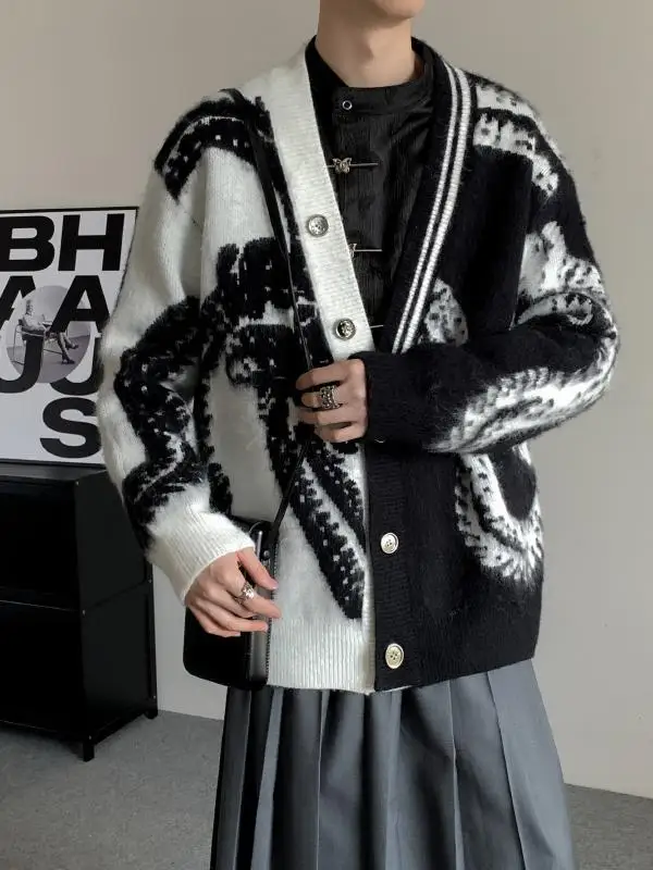 

Мужской вязаный свитер свободного кроя с V-образным вырезом, большого размера, окрашенный в технике Tie-Dye, осенне-зимний, повседневный, для молодежи, с длинными рукавами