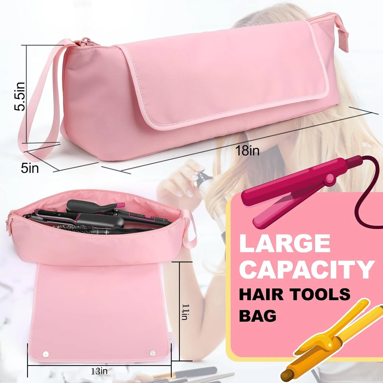 Large Hair Tools Travel Bag, with Heat Resistant Matfor Curling Iron, Flat Irons, Straighteners, Hanging Travel Hair Tools Bag