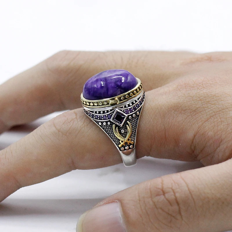 

S925 silver men's ring, natural purple dragon stone men's light luxury, men's holiday party jewelry gift