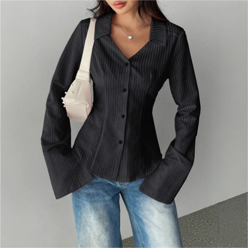 Fall 2025 Ladies Striped Casual Horn Sleeve Lapel Shirt Top