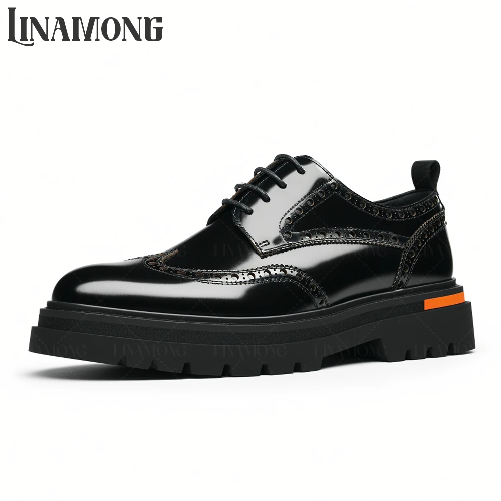 

Glossy Genuine Leather Business Casual Shoes Thick Soled Lace up Derby Shoes Vintage Carved Handmade Shoes Mern's Wedding Shoes