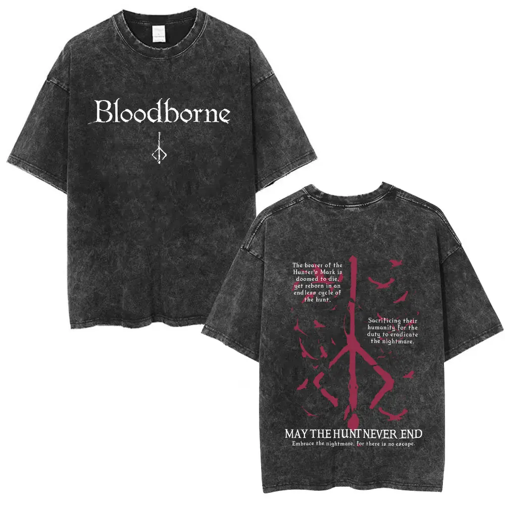 Washed Vintage Game Bloodborne Horror Hunter Graphic T Shirt Men Women Clothing Casual High Quality Cotton T-shirts Fans Gift