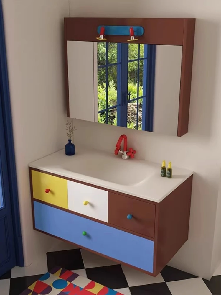 

Комплект мебели для ванной комнаты Dopamine с контрастными цветами, столешница из каменной плиты, интегрированная раковина с горячей гибкой обработкой, умывальник для ванной комнаты.