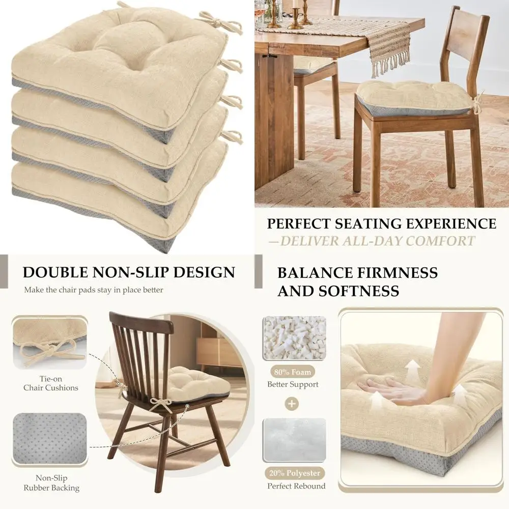 

Набор из 4 подушек для обеденного стула цвета слоновой кости, синели и стяжками, 17 x 17 нескользящих подушечек из пенопласта