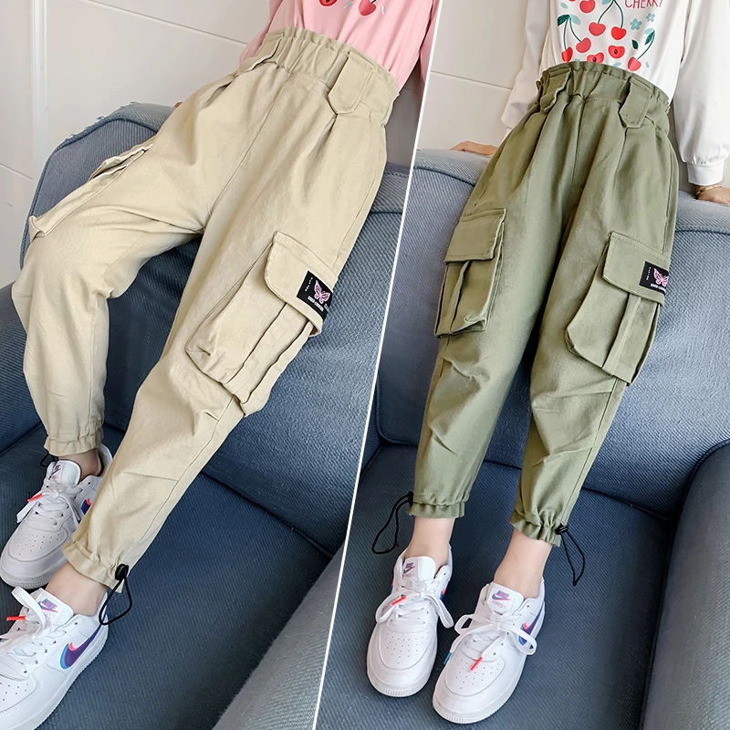 

Hot Sale Child Spring Autumn Paperbag Waist Cargo Pants with Pocket for Girl Cotton Pencil Trousers Kids Highwaist Trackpants