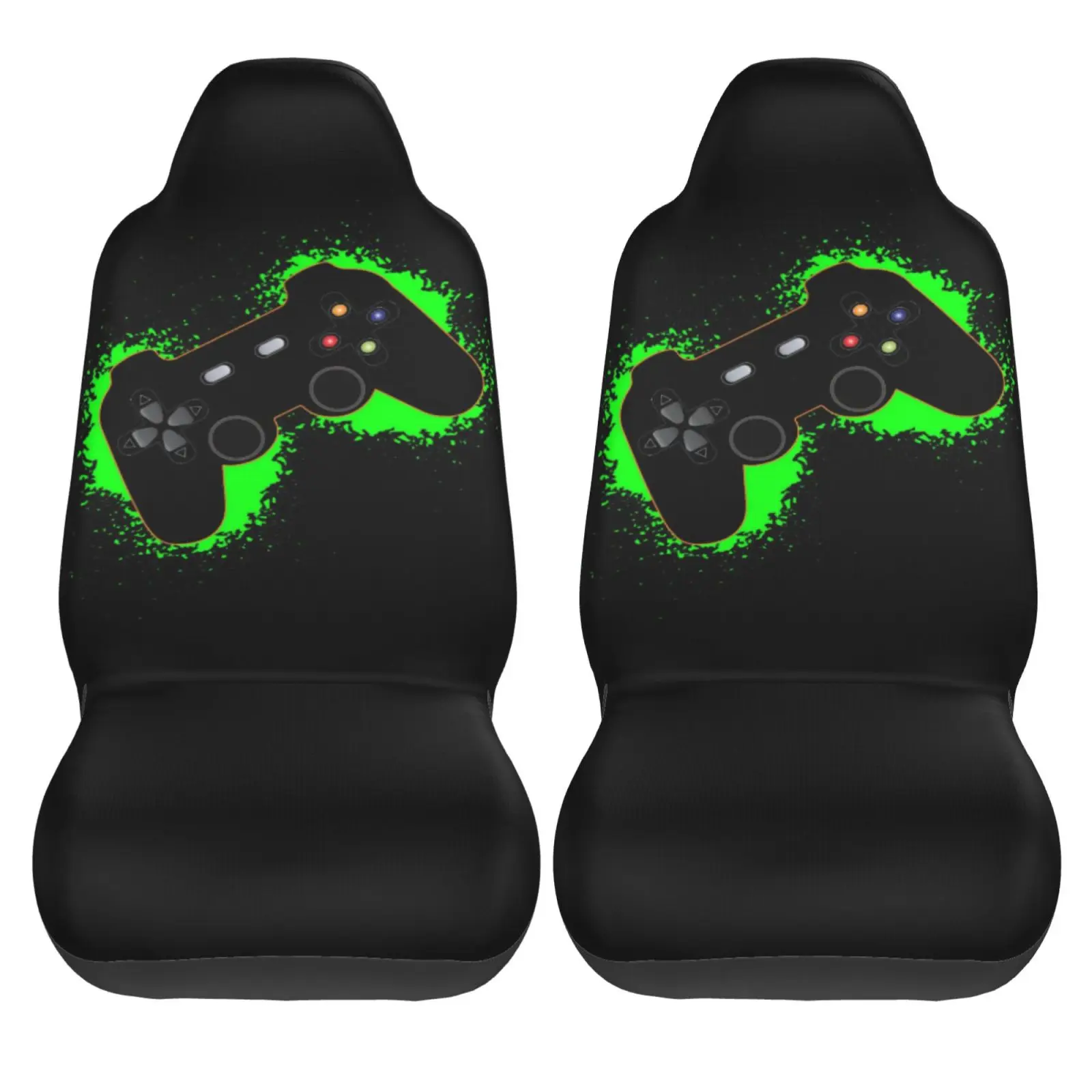 Green Black Gaming Controller Orange Outline Car Seat Cover 2pcs Printing Universal Front Protector Accessories Cushion Set