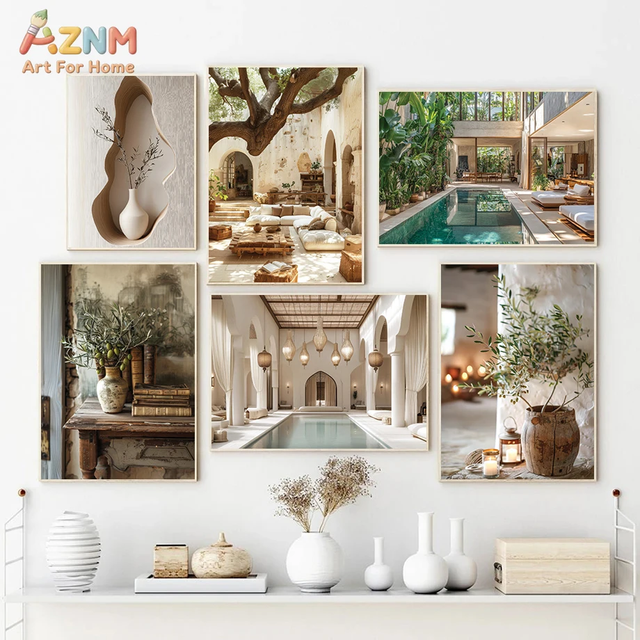 AZNM Moroccan Boho Interior Canvas Wall Art Vintage Architecture Peacock Palm Tree Print Poster for Living Room Home Decor Unfra