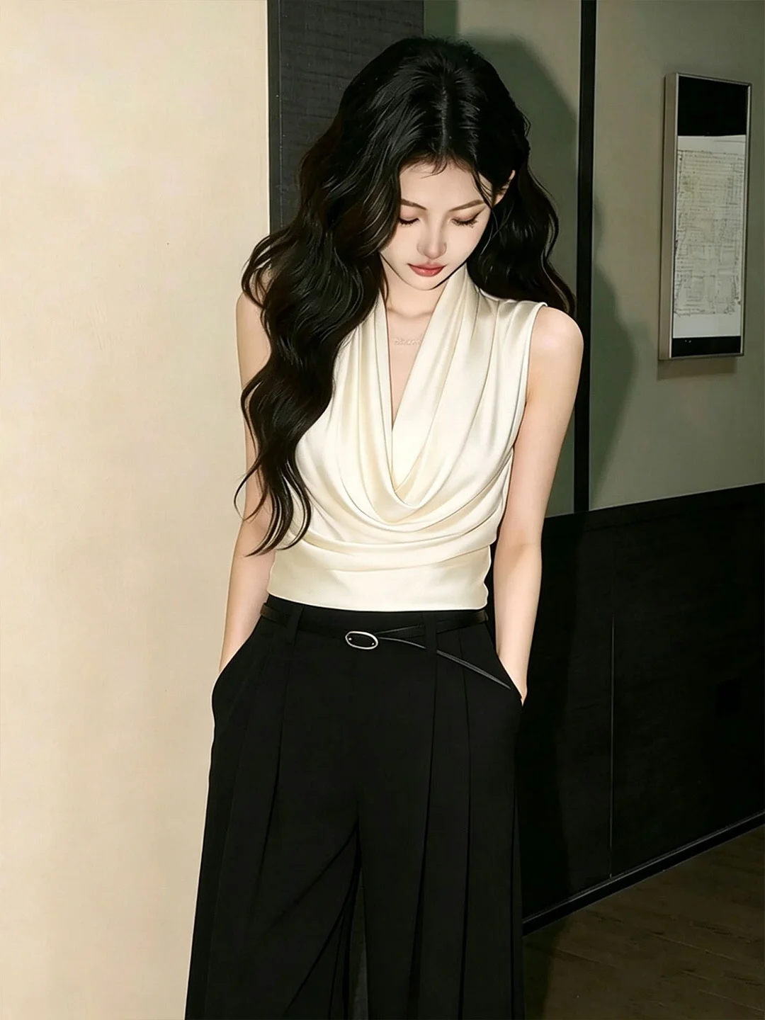 

Elegant Summer Sleeveless Vest 2026 Trendy Slim Fit V-Neck Versatile High-End Feeling Korean Style Silk Top for Women