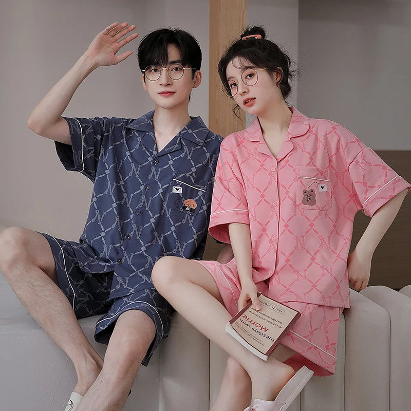 Summer Couple Pajamas Sets Korean Women Sleepwear Leisure Cotton Plus Size Short Sleeve Men Homewear Cardigan Pjs Loungewear