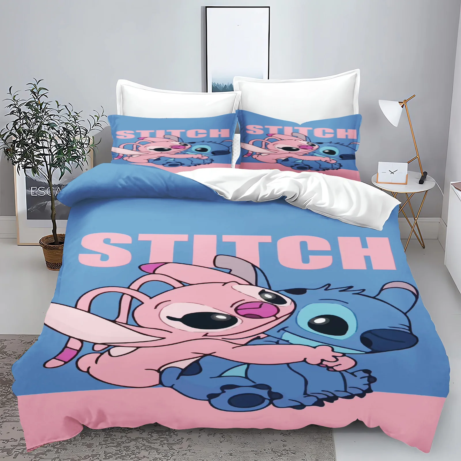 Stitch anime conjunto de capa edredão comforte impresso dos desenhos animados conjuntos cama tamanho duplo presentes natal 3 peças