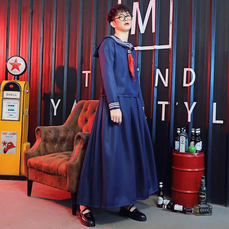 Cosplay Japanese Sailor Style Navy Collar Deep Blue Three-piece Student Uniform Dress Cross-dressing JK Uniform