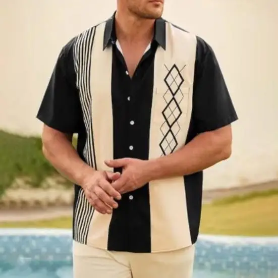 

Summer Mens Short Sleeve Cardigan Shirt Thin Breathable Sun Shirt Seaside Vacation Color Block Lapel Loose Beach Cover Up