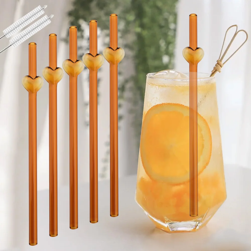 5Pcs Orange Heart Shape Reusable Glass Straws Set Cocktails Iced Coffee Cold Beverages Home Drinking Straws with Cleaning Brush