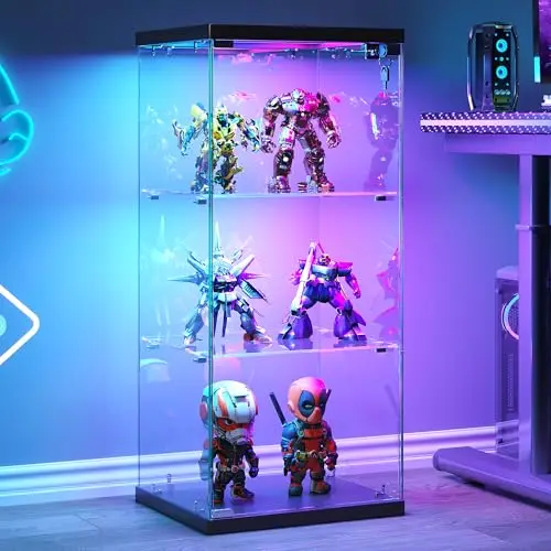 3-Tier Glass Display Case, RGB LED Lights for Collectibles | Display Cabinet with Door & Lock, Clear Tempered Glass