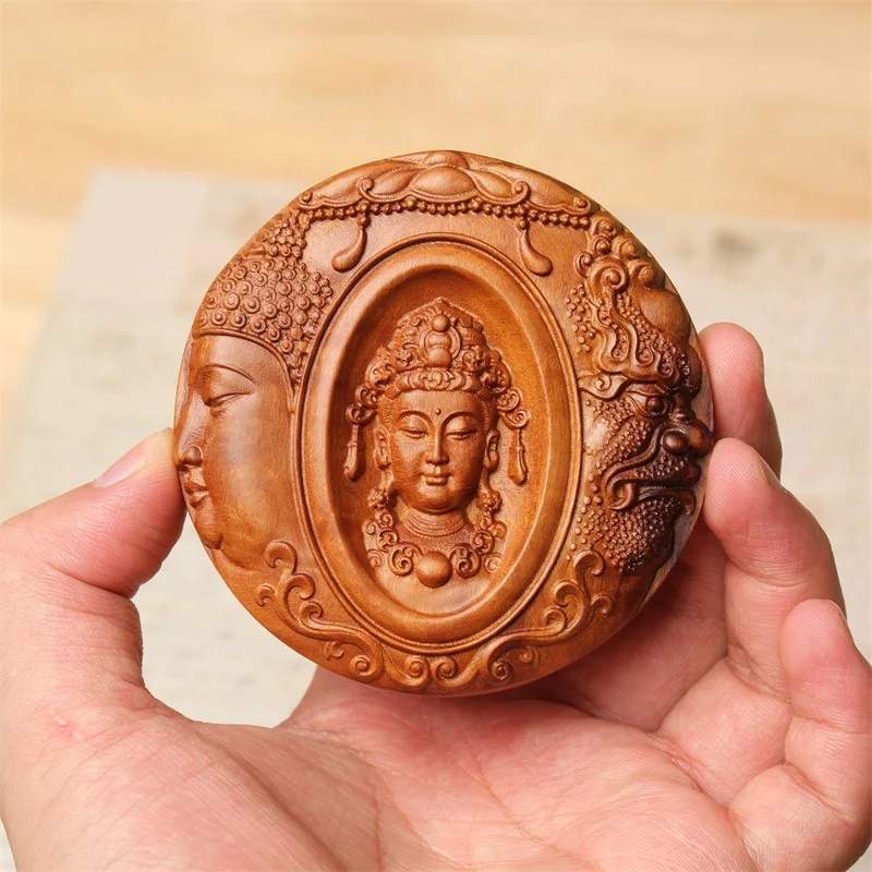 Thunderbolt wooden circular double-sided Guanyin sign pendant, jujube wood handle, wood carving decoration, car pendant