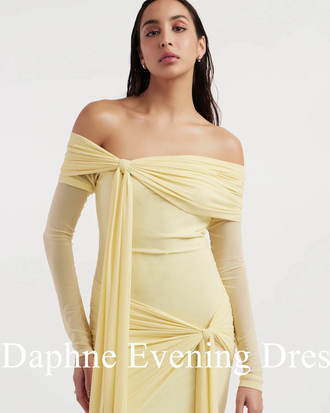 Customized Modern Off the Shoulder Chiffon Long Sleeves Evening Dress Temperament Belt Pleats Photo Color Vestido De Festa image 6
