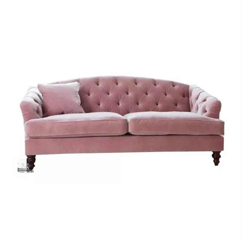 

Nordic double three-person sofa, simple velvet fabric pink American buckle retro flannel high back