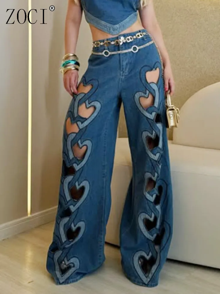 

ZOCI Women's Jeans Love Heart Hollow Out Denim Pants Female High Street Fashion Design Straight Trousers Casual 2025 Autumn New