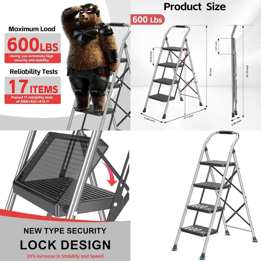 

Folding Step Ladder with 4-Step Extension, Heavy Duty for Kitchen and Home, 600lbs Capacity, Adult Use
