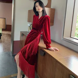 Elegant Burgundy Velour Nightgown Sexy Tassel Sleepwear Women Autumn Winter Nightwear Long Velvet Warm Homewear Loungewear