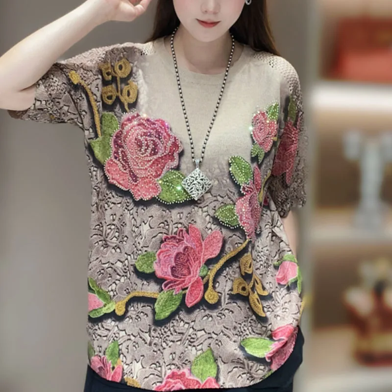 

Comfortable Flattering Korean Loose Casual Tops 2024 Summer New Women's Crew Neck Floral Printed Diamonds Half Sleeve T-shirt