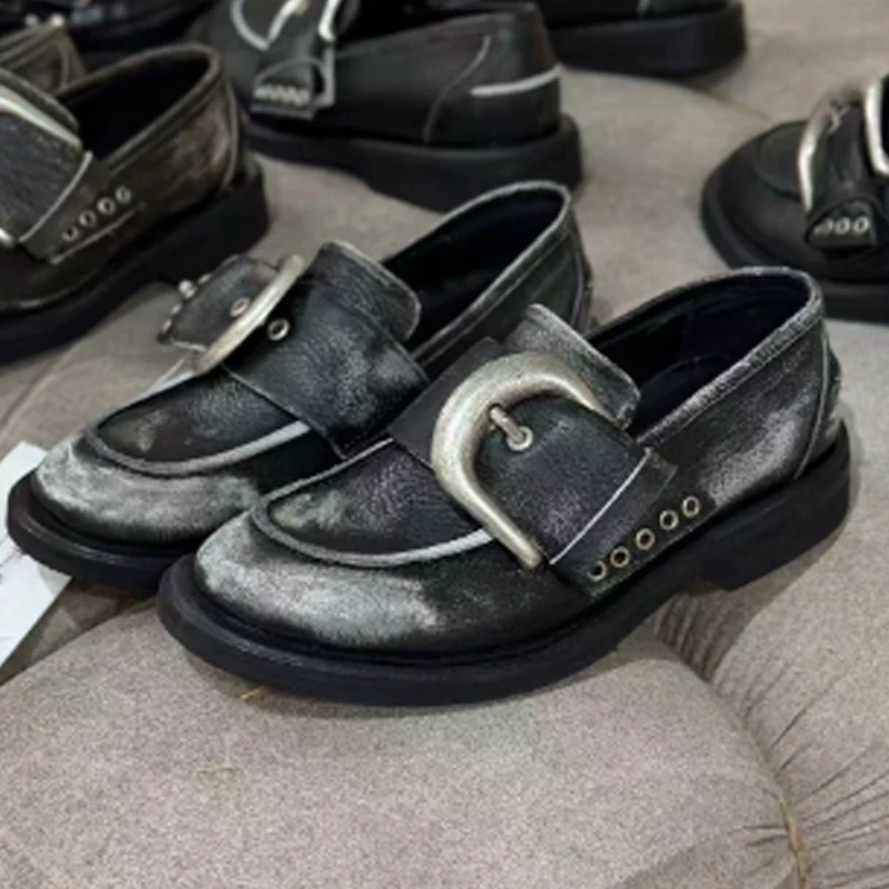 

Vintage Distressed Rub-Colored Belt Buckle Loafers Shoes Men 2026 Black Round Toe Slip-On Square Heel Oxfords Casual Shoes