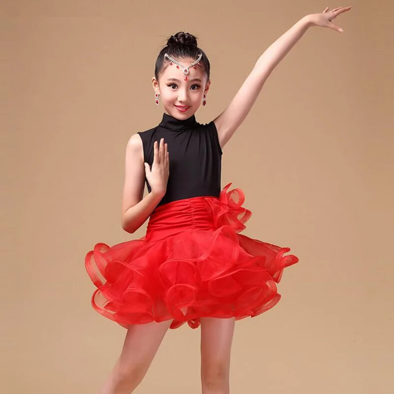 

Детский комплект юбки для латинских танцев — топ без рукавов с высоким воротником для девочек, пышная юбка, танцевальный зал, танго и ча-ча