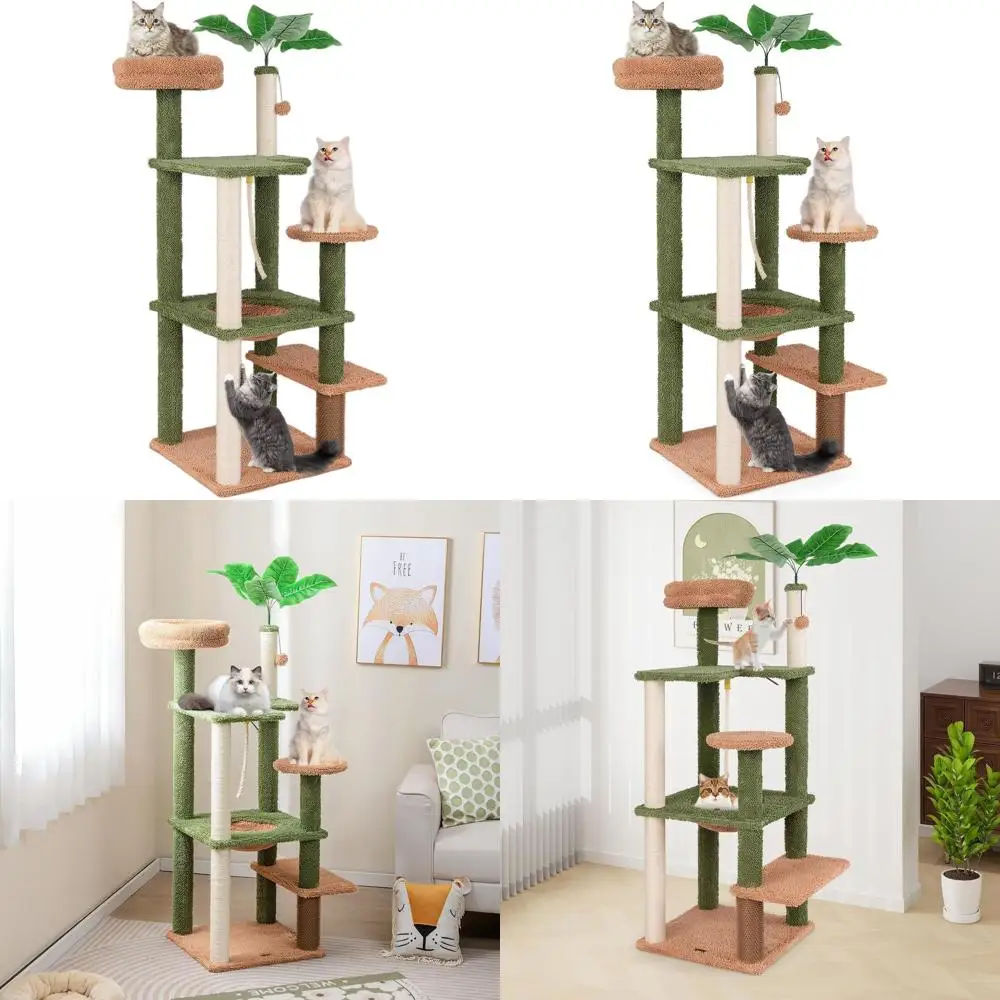 

60 Inch Green Aesthetic Indoor Cat Tower with Sisal Posts, Leaves, Perch, Hammock, Self Groomer, Rope, Pompom Ball