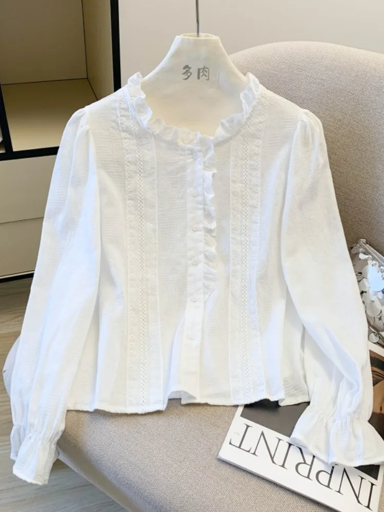 

Женская свободная модная блузка с кружевной отделкой и длинными рукавами, весенняя, приталенная, дышащая, из смесового хлопка и полиэстера