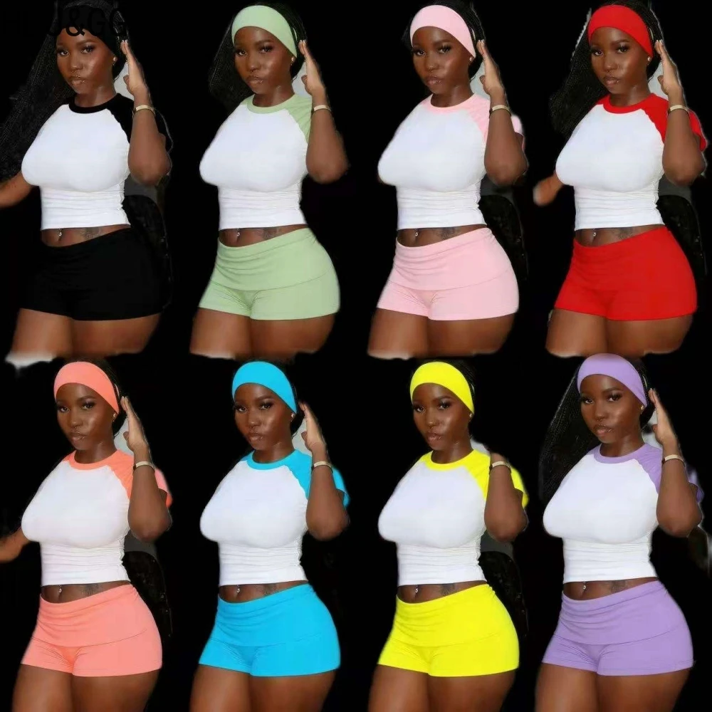 

HLJ&GG Fashion Patchwork Color Sporty Two Piece Sets Women Round Neck Slim Crop Top And Shorts Outfits Tracksuits With Hairband