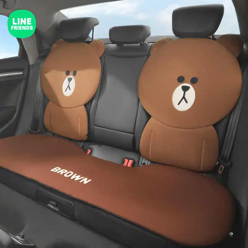 Line Friends Kawaii Brown Car Four Seasons Car Seat Cushion Cartoon Female Comfortable Breathable Car Seat Cover Birthday Gift