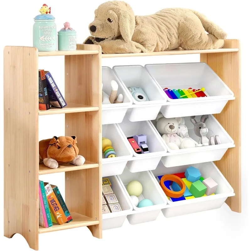 4-Tier Kids' Toy Storage Organizer Shelf - 100% Solid Wood,Children's Storage Cabinet with 9 Plastic Bins and  3 Storage Ports