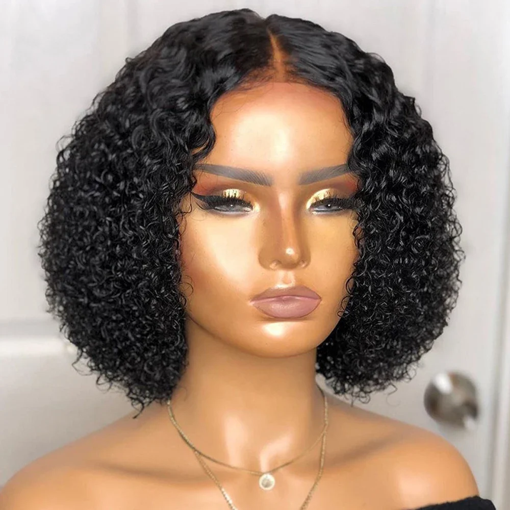 Short Afro Curly Bob Synthesis Hair Wigs With Bangs For Women Brazilian Remy Hair Wear and Go Natural Brown Kinky Curly Wigs