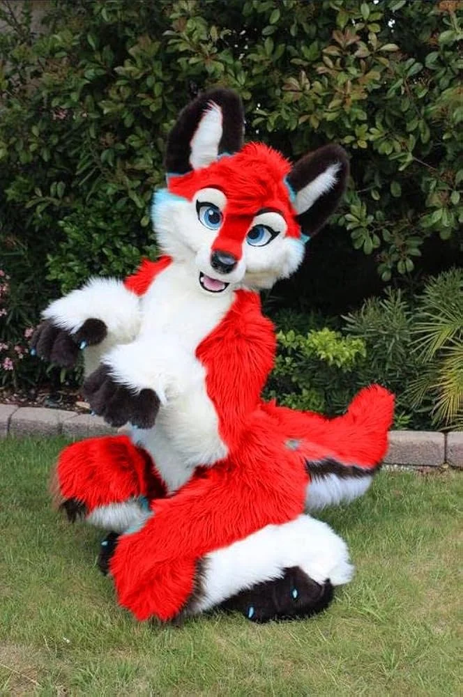 Lila und rotes Husky-Fuchs-Hund-Maskottchen-Kostüm, pelziger Anzug, Fursuit für Halloween, Weihnachten, Geburtstagsfeiern, Geschenk