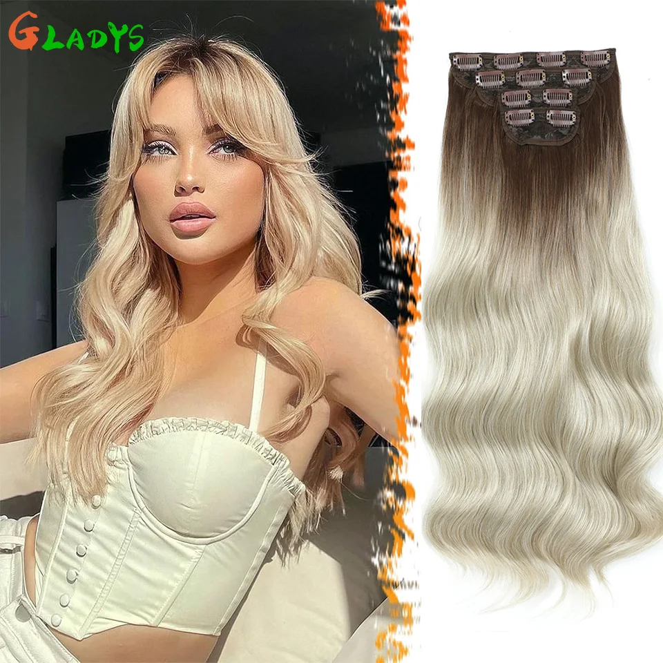 

Ombre Blonde Color Clip Ins Hair Pieces 22 Inch Synthetic Clips Ins Hair Extensions 4Pcs/lot Body Wave Hair Piece Extensions