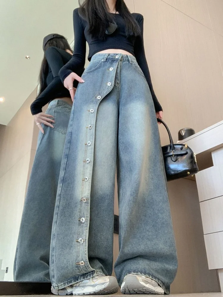 

SMTHMA однобортные широкие джинсы для женщин, новые осенние свободные брюки прямого кроя для девочек