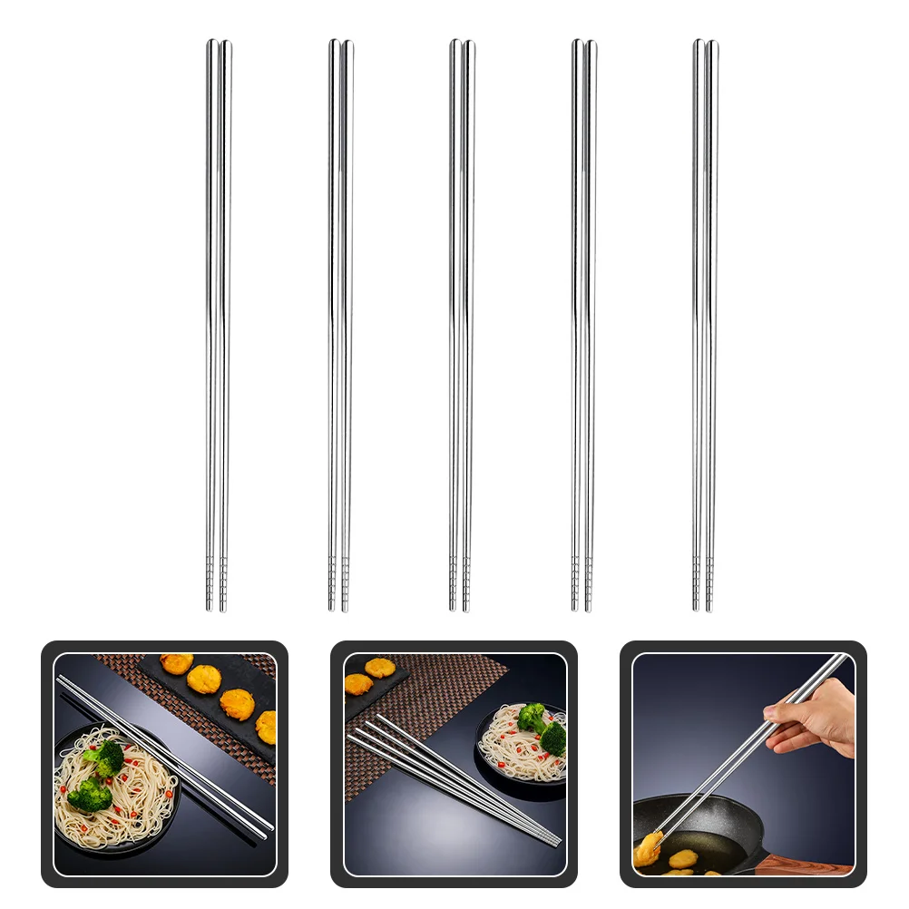 

5pcs 5 Pairs 304 Stainless Steel Chopsticks Extra Long Heat Resistant For Hot Pot Noodles Frying Reusable Metal Cooking Utensils